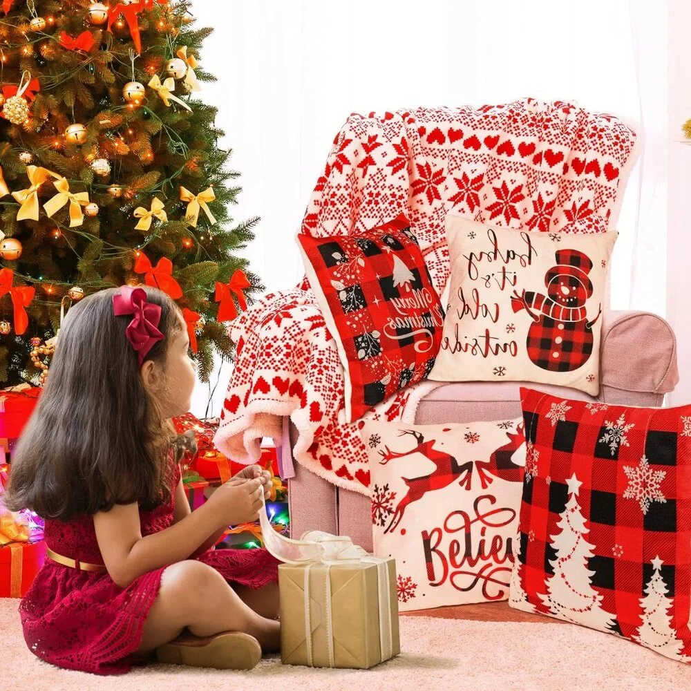 Farmhouse Christmas Pillow Covers 18x18 Inch Set of 4 Sofa Couch Decorations